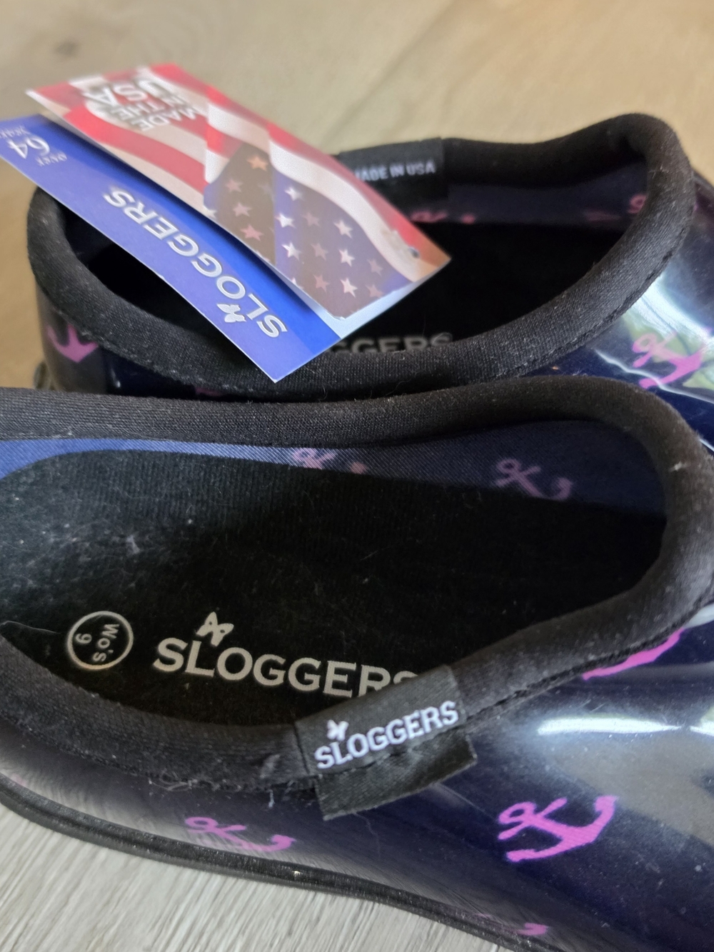 Sloggers Black Waterproof Slip-On Rain Clogs with Pink Anchor Print - Picture 3 of 9